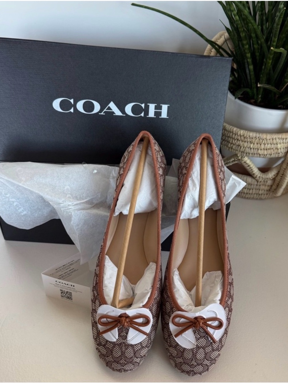 Coach Brown Signature Jacquard Ballet Flats with Bow Accent